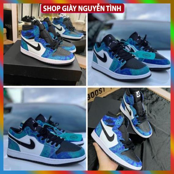 Giày thể thao Jordan cổ cao cổ thấp xanh loang nước biển, giày sneaker JD1 Tie Dye cao cổ thấp cổ nam nữ