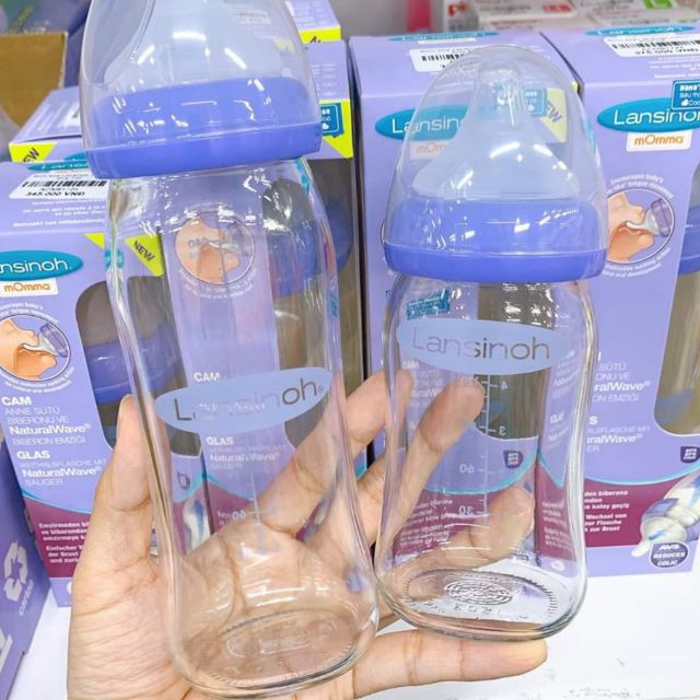 Bình lansinoh thuỷ tinh 240ml chính hãng với núm ti siêu mềm.