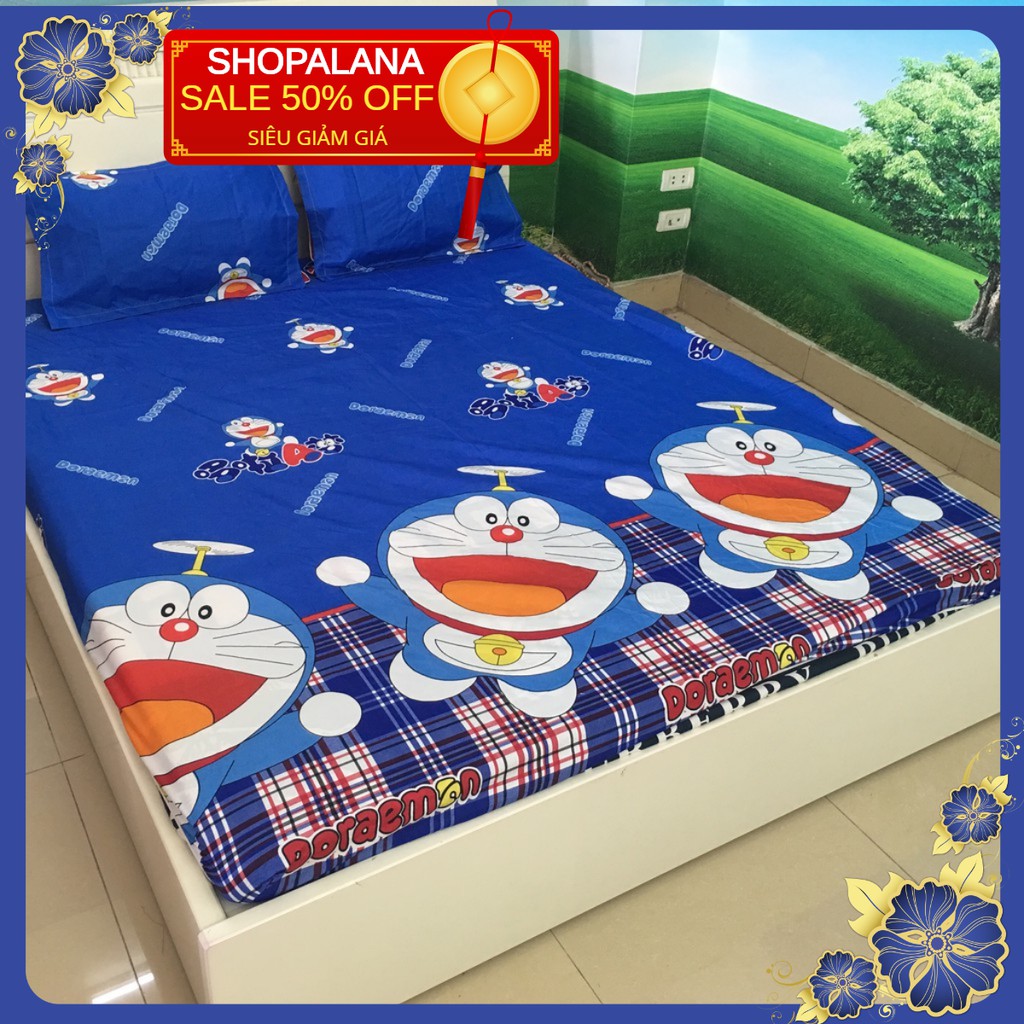 Bộ ga gối trải giường 2mx2m2 hình doremon bay