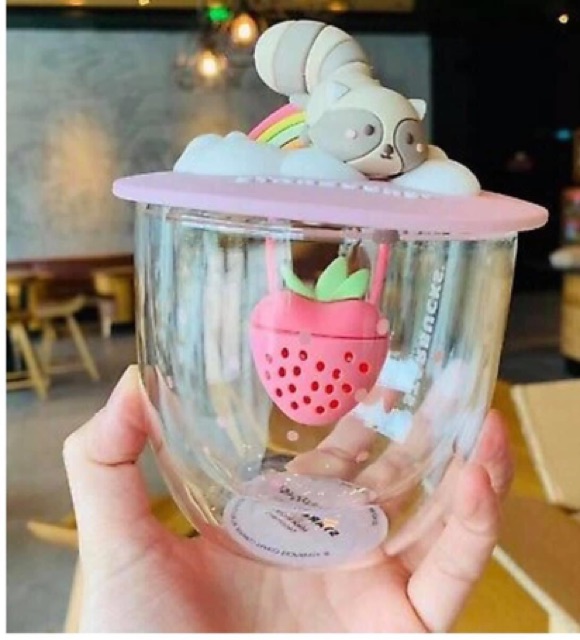 🍓[CHÍNH HÃNG]Ly thuỷ tinh Có lọc trà STARBUCKS Summer Strawberry Glass Cup & Raccoon Lid🍓