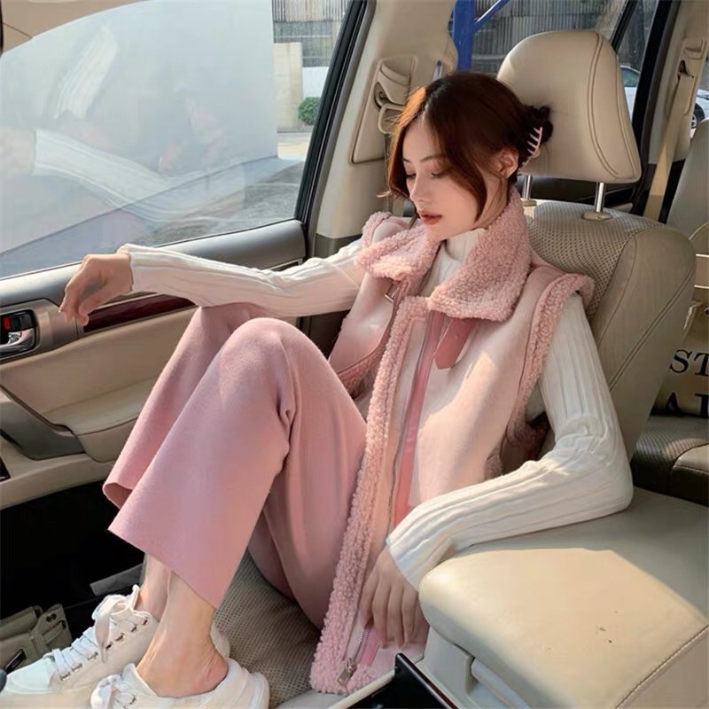 Áo khoác gile da lộn lót lông cừu
