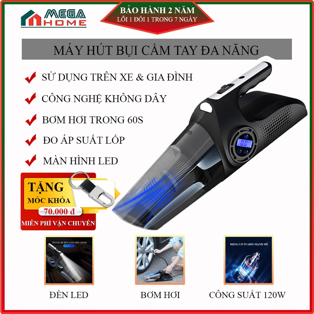 Máy hút bụi cầm tay đa năng, sử dụng cho gia đình, trên xe ô tô, lực hút khỏe tích hợp bơm hơi xe khi gặp sự cố