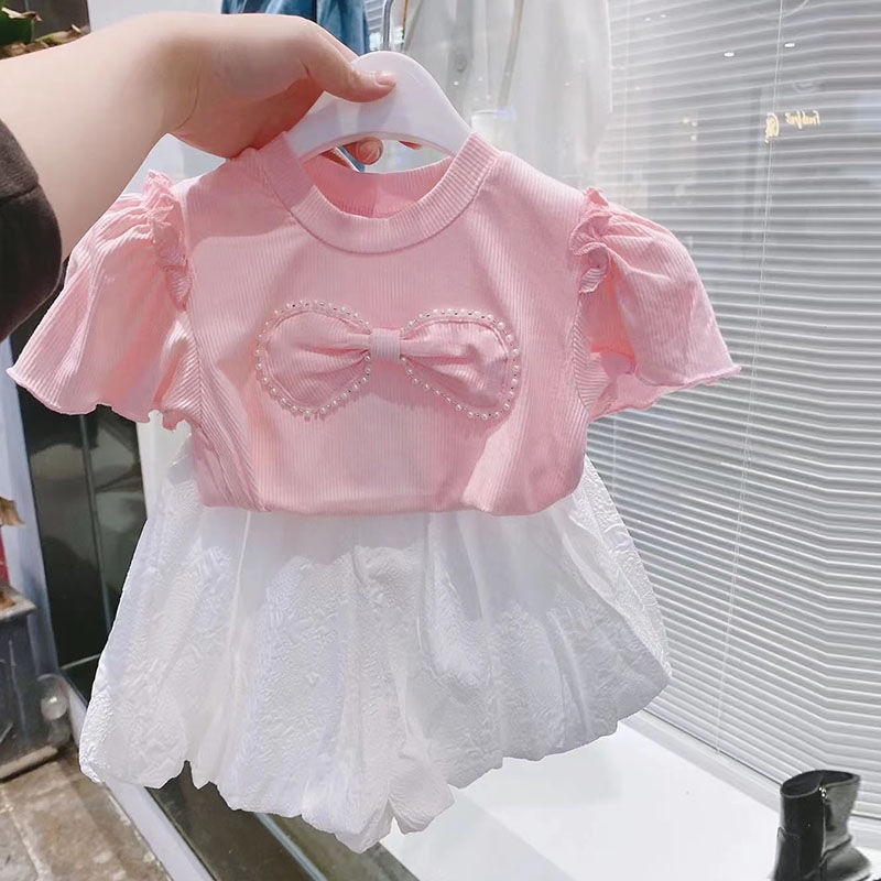 Bộ Áo Thun Ngắn Tay Đính Nơ + Quần Dài Kiểu Phương Tây Dễ Thương Thời Trang Mùa Hè Cho Bé Gái