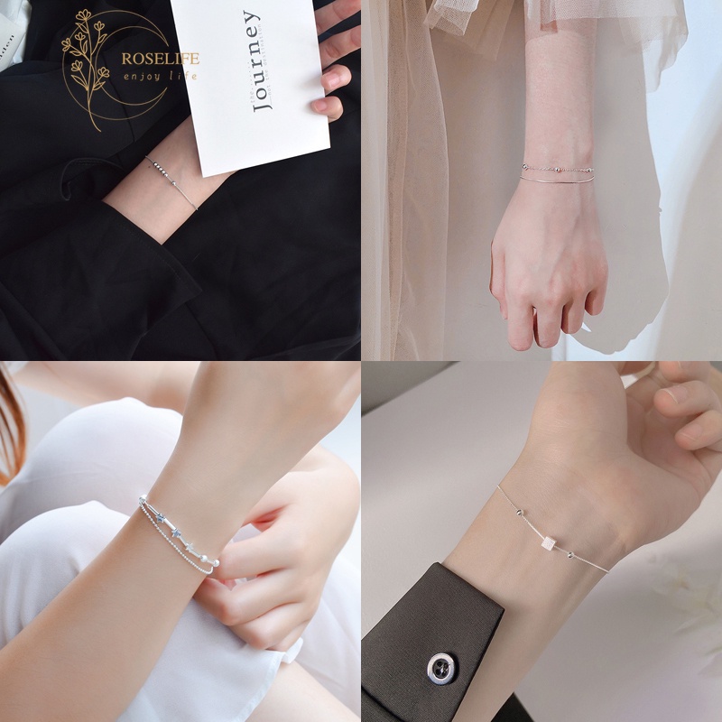 Vòng Tay Bạc S925 Đính Hạt Hình Vuông Đơn Giản Phong Cách Hàn Quốc Dành Cho Nữ