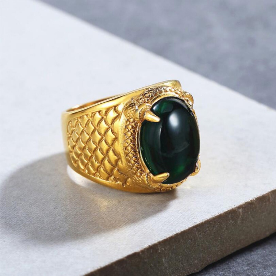 Nhẫn titan đeo tay pha lê màu xanh lá cây đỏ mạ vàng thời trang nam