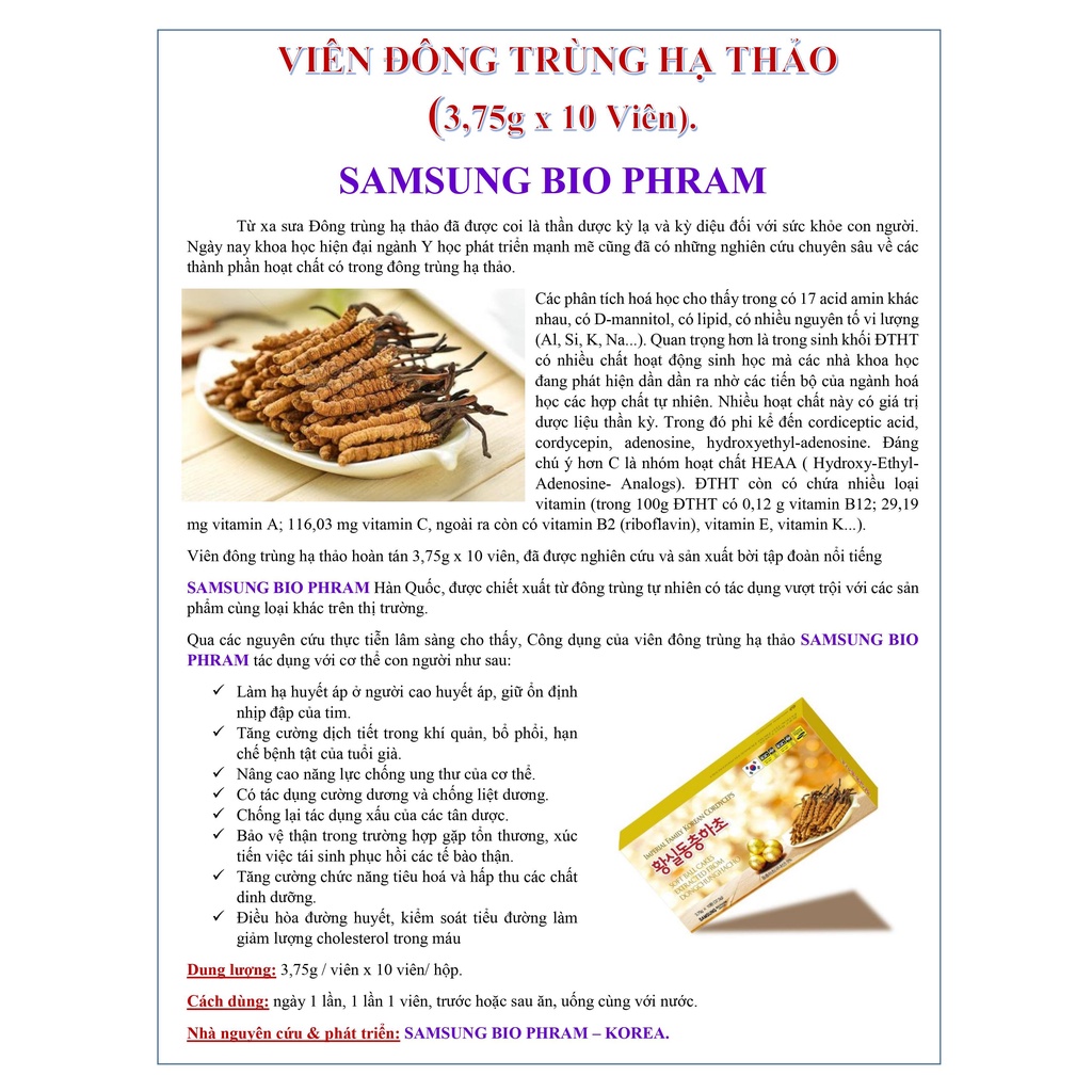 Viên Đông Trùng Hạ Thảo Hàn Quốc Hộp 10 Viên x 3,75gr