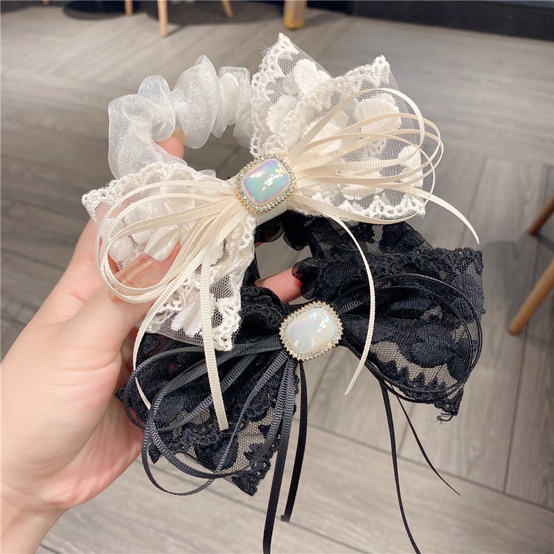 Băng Đô Cài Tóc Hình Nơ Phối Ren Đính Ngọc Trai Nhân Tạo Phong Cách Hàn Quốc Cho Nữ