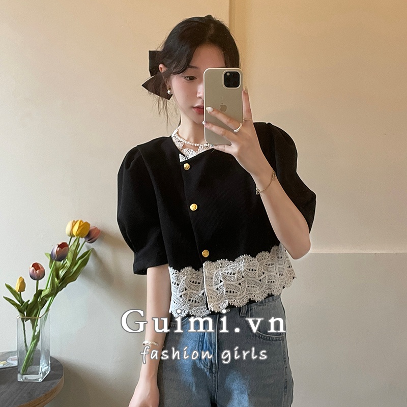 Áo croptop NZN tay ngắn phối ren hoa phong cách Hàn Quốc hợp thời trang (2 màu lựa chọn)