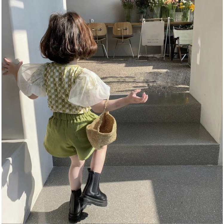 Bộ Áo Tay Phồng + Quần Short Thời Trang Mùa Hè Hàn Quốc Cho Bé Gái