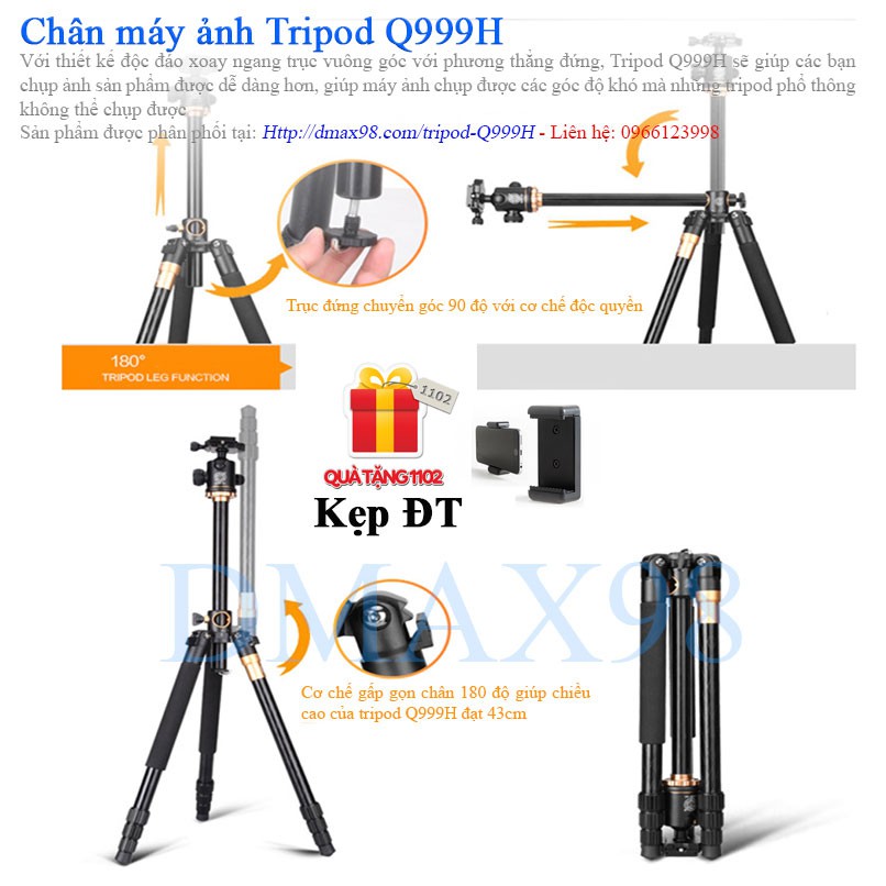 Chân máy ảnh Tripod Beike Q999H trục đứng vuông góc - Tặng kẹp điện thoại