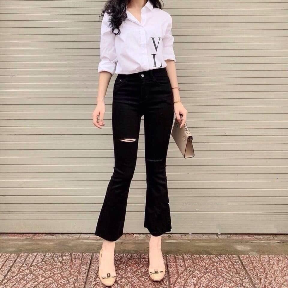 Quần jean ống Bass đen tuyền BigSize lưng cao, co dãn mạnh, ống siêu dài 106cm 4114