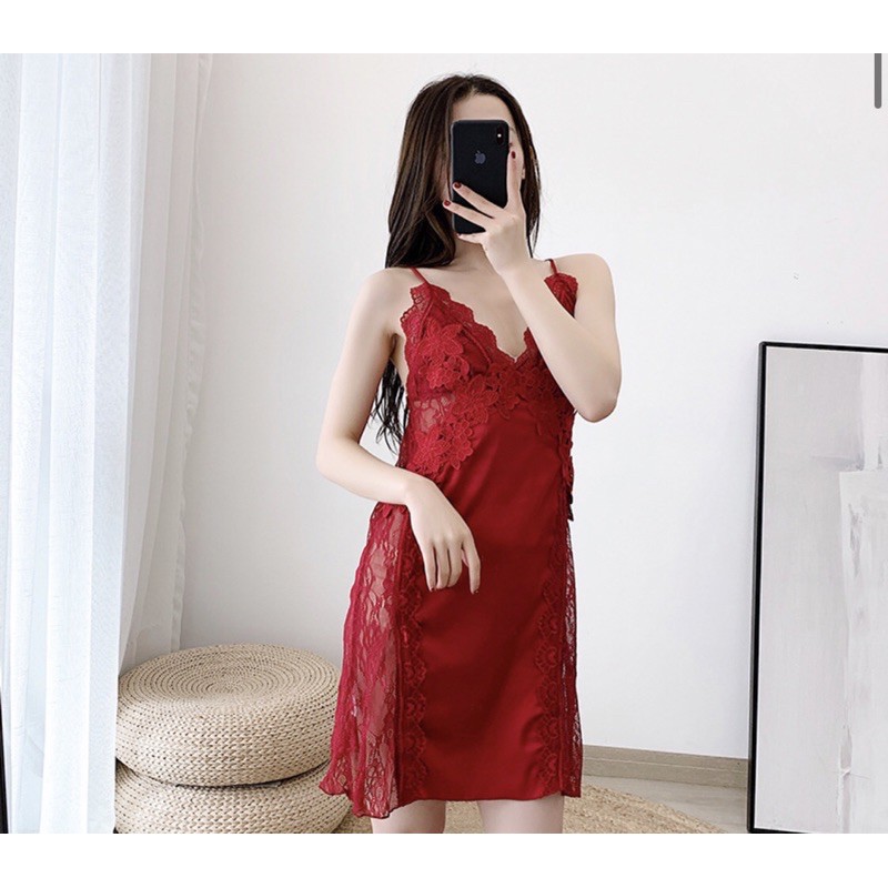 Váy ngủ lụa sexy hai dây phối ren hông gợi cảm Màu Trắng và hồng  kèm hình thật khách mặc (sẵn )