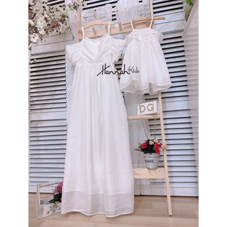 Đầm đôi cho mẹ và bé, đầm mùa hè cho bé - đầm maxi trắng bẹt vai hannahkids