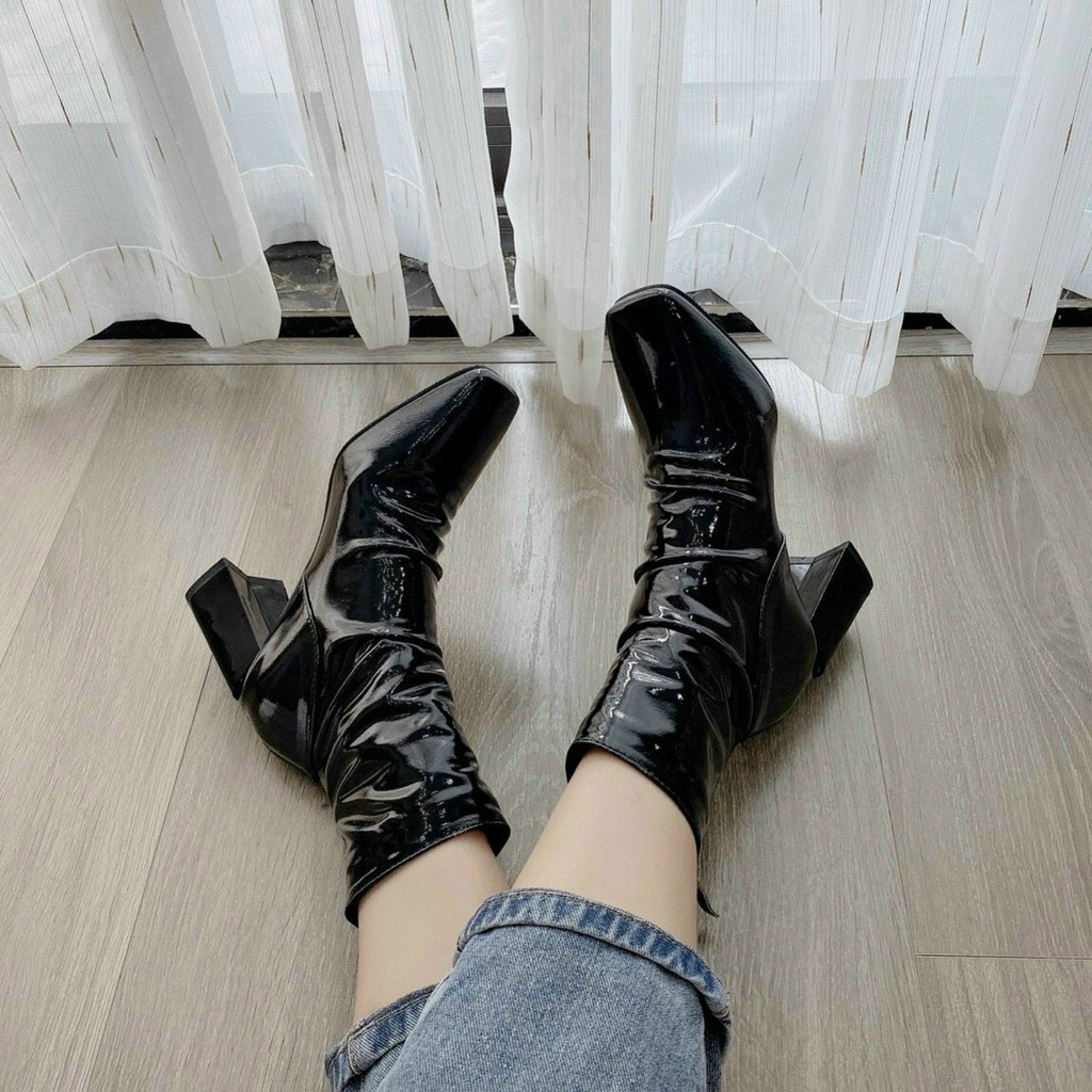 Boots Nhăn 7cm Da Bóng