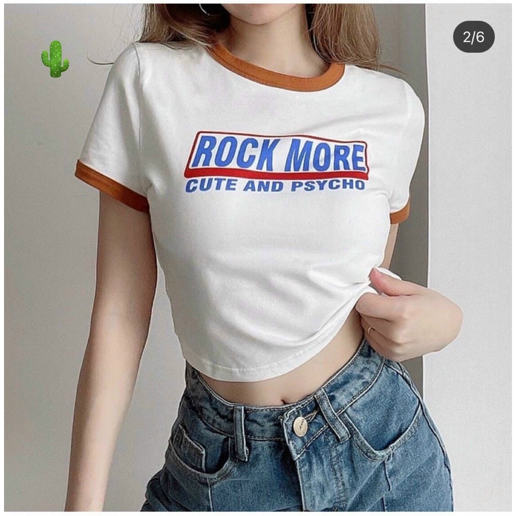 Áo croptop màu trắng viền đỏ in chữ cực xinh , chất thun bozip mềm mịn