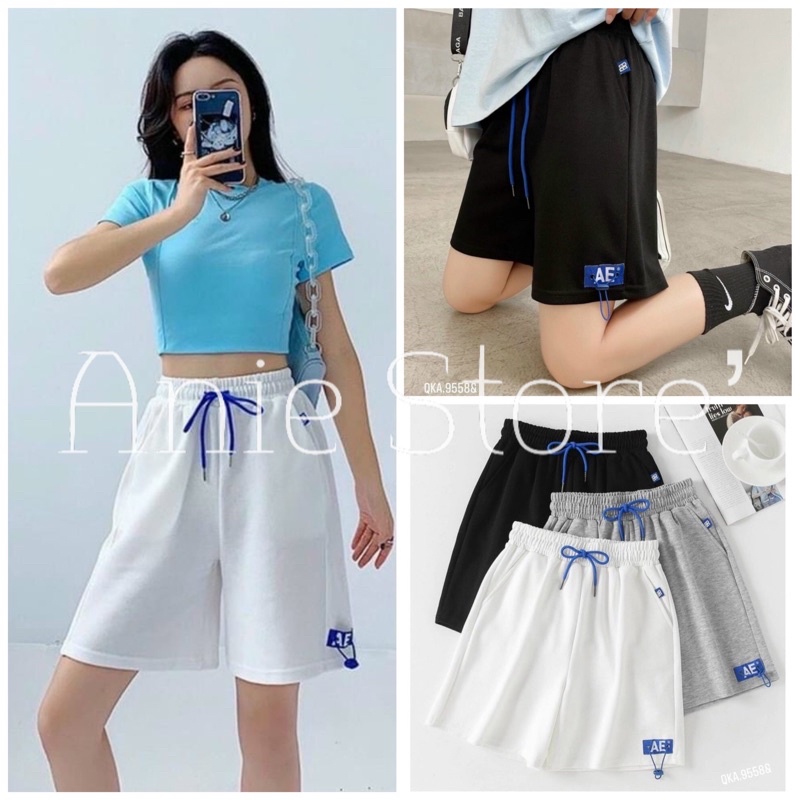 Quần Short Nữ In Logo AE Dây Rút Unisex 🦋 Quần Đùi Ống Rộng Cạp Chun Chất Da Cá 3 Màu 🦋