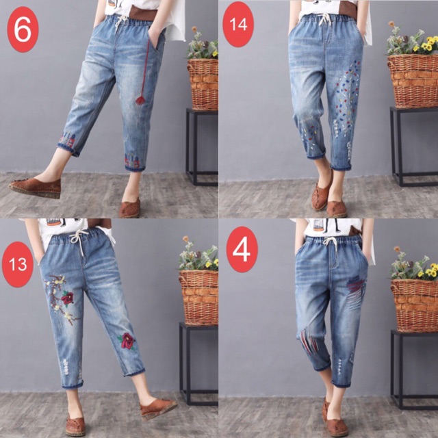 Quần bò lỡ thêu hoa