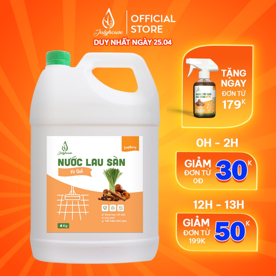 Nước Lau Sàn Bồ Hòn thiên nhiên kết hợp tinh dầu Vỏ Quế 4kg JULYHOUSE đuổi Kiến và Gián hiệu quả