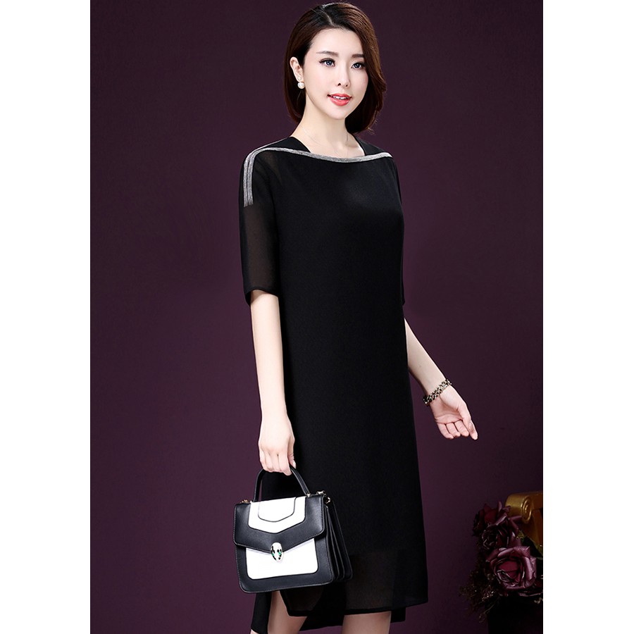 ĐẦM SUÔNG DỰ TIỆC BIGSIZE KIỂU ĐẦM SUÔNG TUỔI TRUNG NIÊN ĐÍNH CƯỜM PHỐI CỔ THUYỀN ROMI365