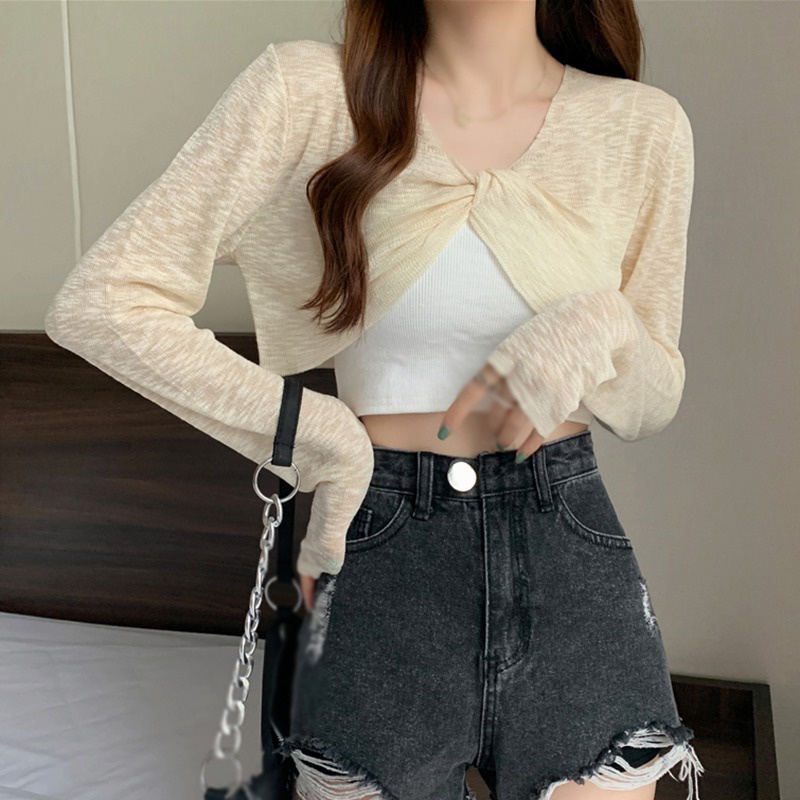 Áo khoác cổ chữ V đan chéo dáng ngắn mỏng chống nắng thời trang mùa hè năng động cho nữ