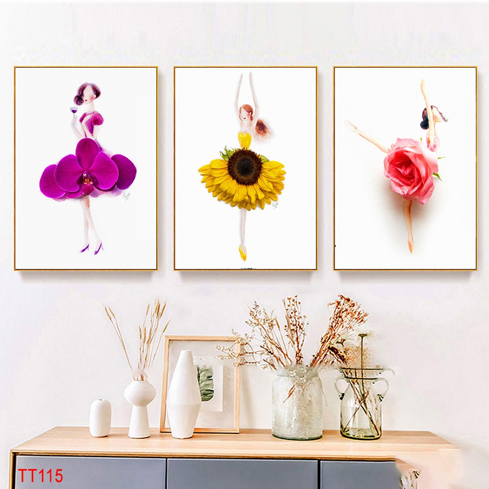 BỘ 3 TRANH TREO TƯỜNG CÔ GÁI VÁY HOA - TRANH TREO CÔ GÁI HOA LAN - TRANH CÔ GÁI HOA HƯỚNG DƯƠNG - TRANH CÔ GÁI HOA HỒNG