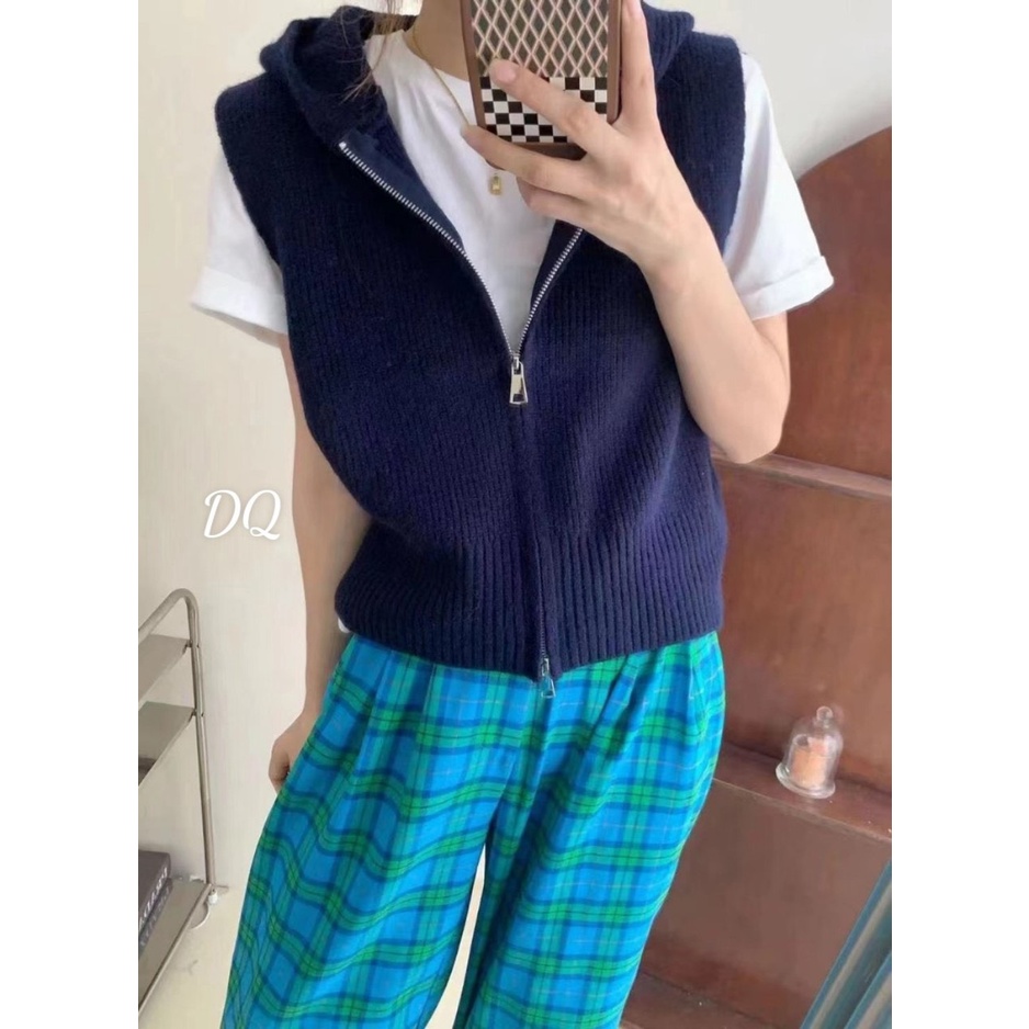 Áo gile len mũ khoá dáng croptop trẻ trung năng động hàng QC