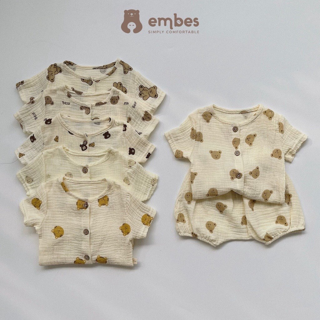 Bộ quần áo vải đũi hình gấu cho bé