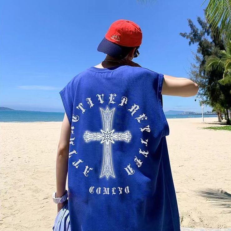 Áo Thun Sát Nách Dáng Rộng In Chữ Thập Phong Cách Hip Hop Thời Trang Đường Phố Cho Nam