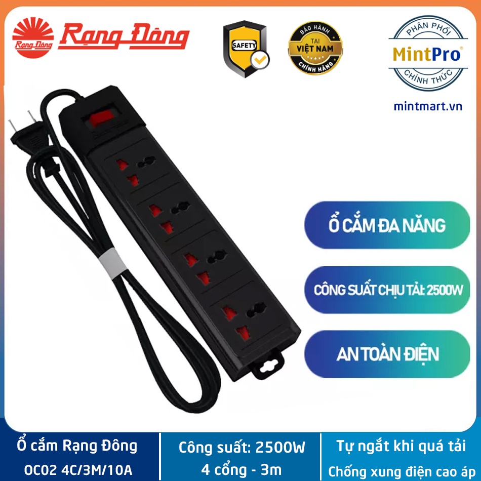 Ổ cắm đa năng 4 ổ cắm 3m OC02 4C/3M/10A chính hãng Rạng Đông, an toàn tự ngắt khi quá tải, nhựa ABS siêu bền chống cháy