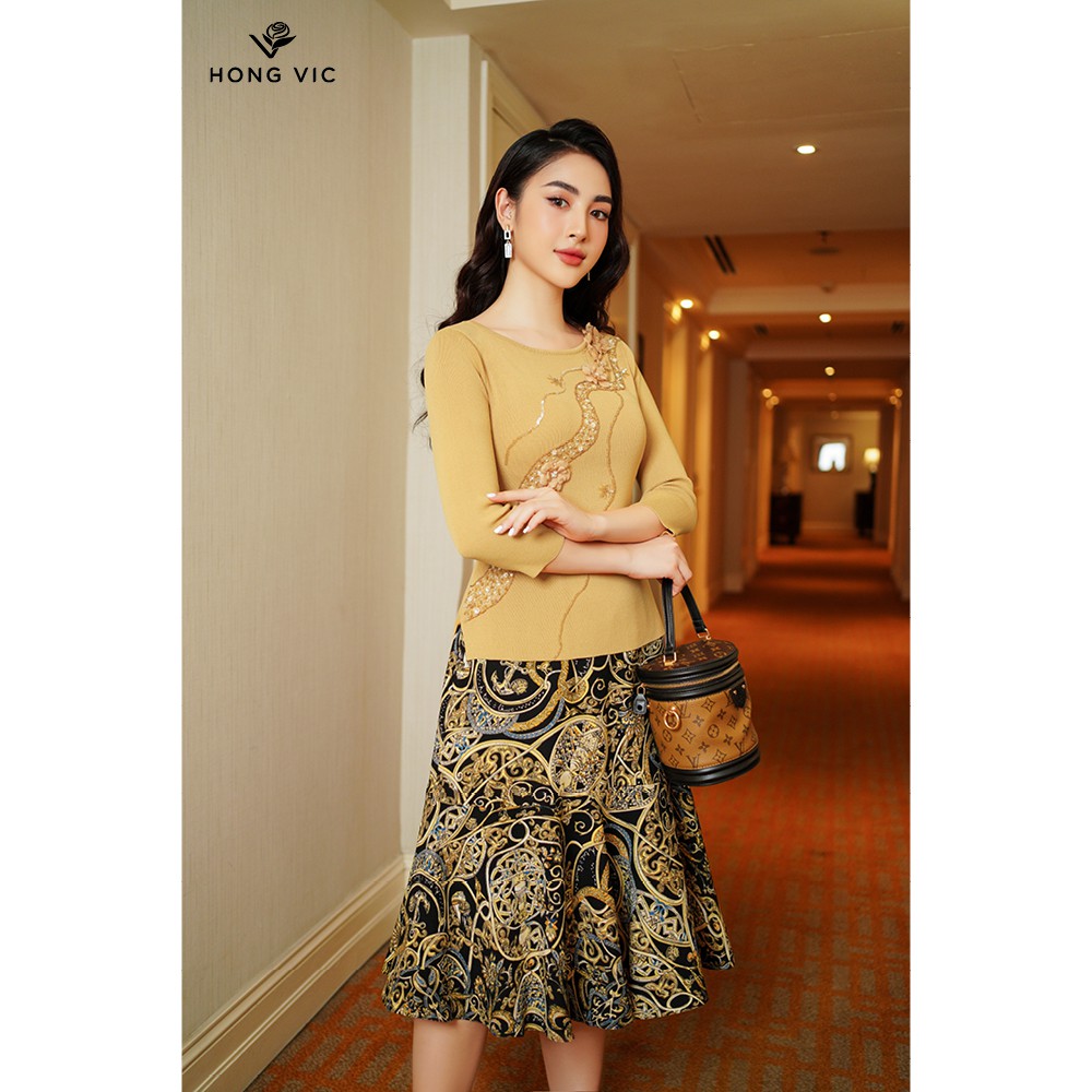Áo nữ thiết kế Hongvic len vàng kem xẻ tà AL16