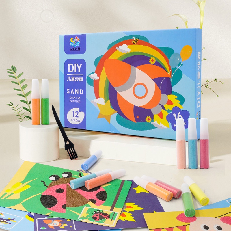 Bộ 16 tranh cát kích thước 21x14cm kèm 12 ống màu và khay hứng cát cho bé
