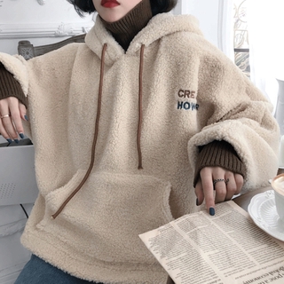 Áo hoodie lông cừu RENJIANVSHENG dáng rộng thời trang cho nữ