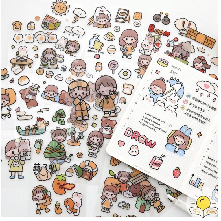 Set 20 tấm 100 miếng sticker nhãn dán Cô nàng dễ thương cute trang trí sổ, điện thoại, nhãn dán laptop