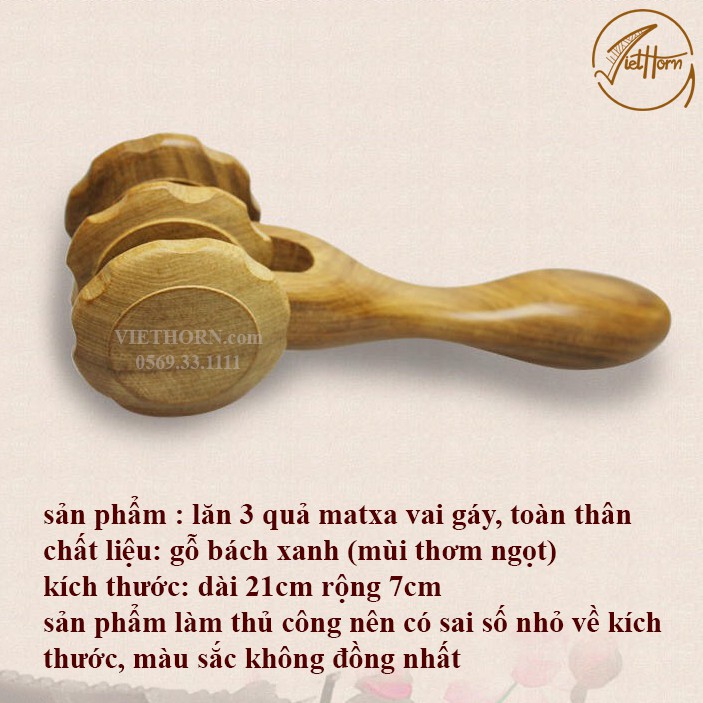 Cây lăn mát xa gỗ toàn thân 3 bánh VIETHORN Dụng cụ mát xa xua tan nỗi lo đau nhức
