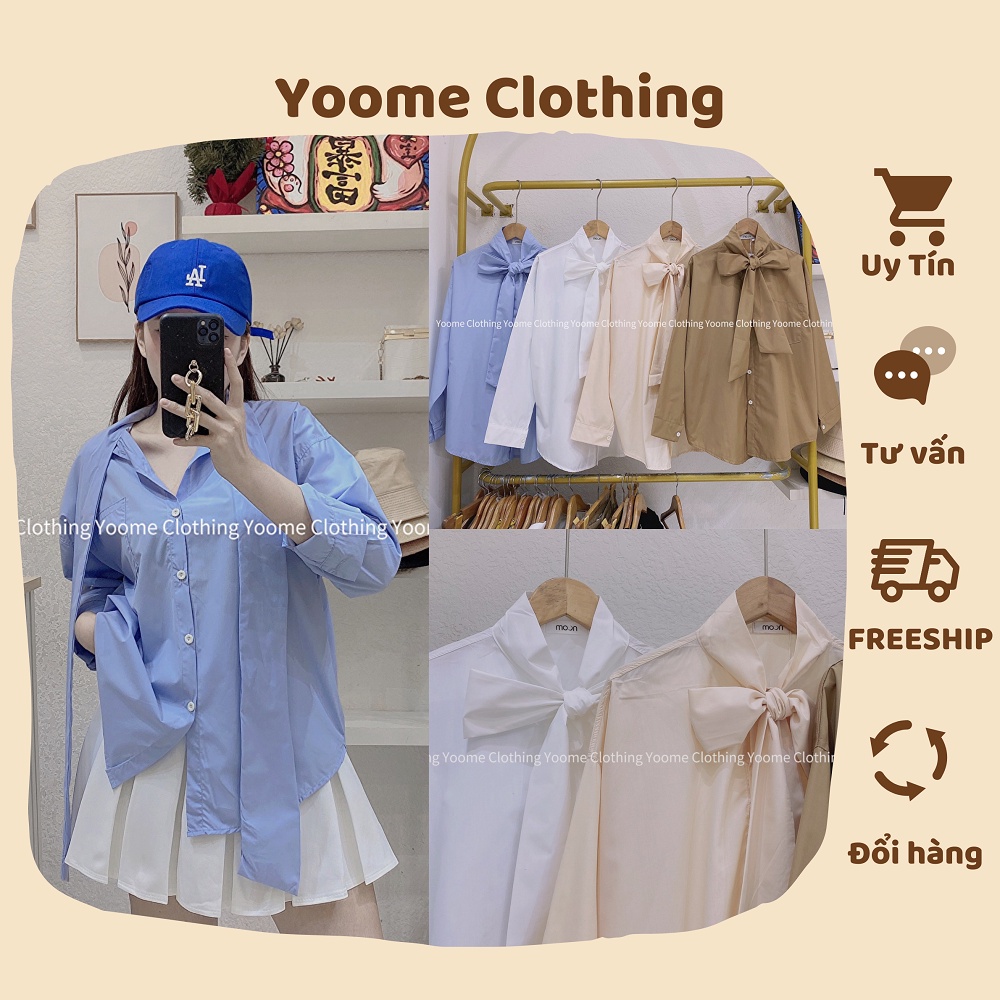 Áo sơ mi cổ nơ bản to chất thô hàn , áo sơ mi kiểu cho nữ Yoome clothing