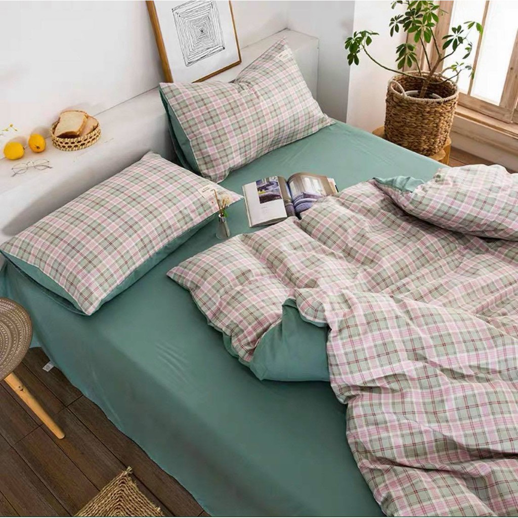 Bộ Chăn Ga Gối Cotton TC Emmidecor cao cấp Chăn ga TC kẻ miễn phí bo chun