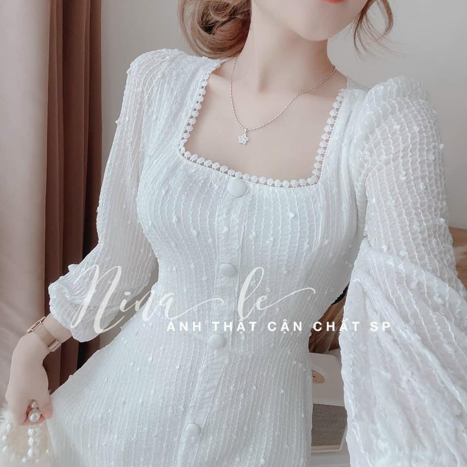 Váy Midi Trắng Cổ Vuông Tay Phồng Dáng Dài Lona Store | BigBuy360 - bigbuy360.vn