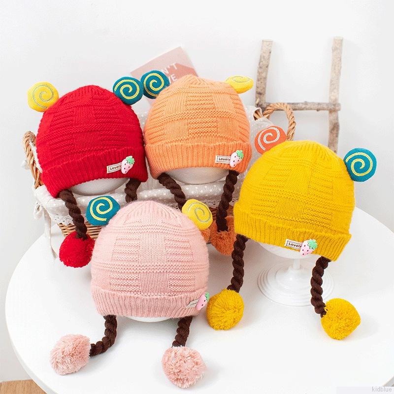 Mũ beanie dệt kim đính quả bông co giãn phong cách thu đông đáng yêu cho bé gái 0-1 tuổi