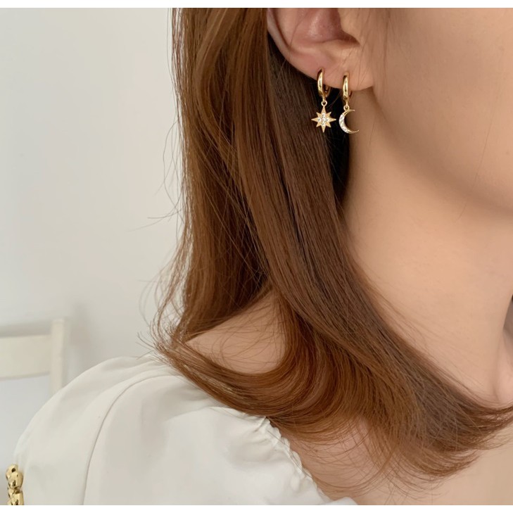 Bông tai bất đối xứng style mini trăng và sao BT101