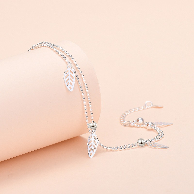 Lắc chân Bạc 925 dây đôi hình chiếc lá phong cách độc đáo