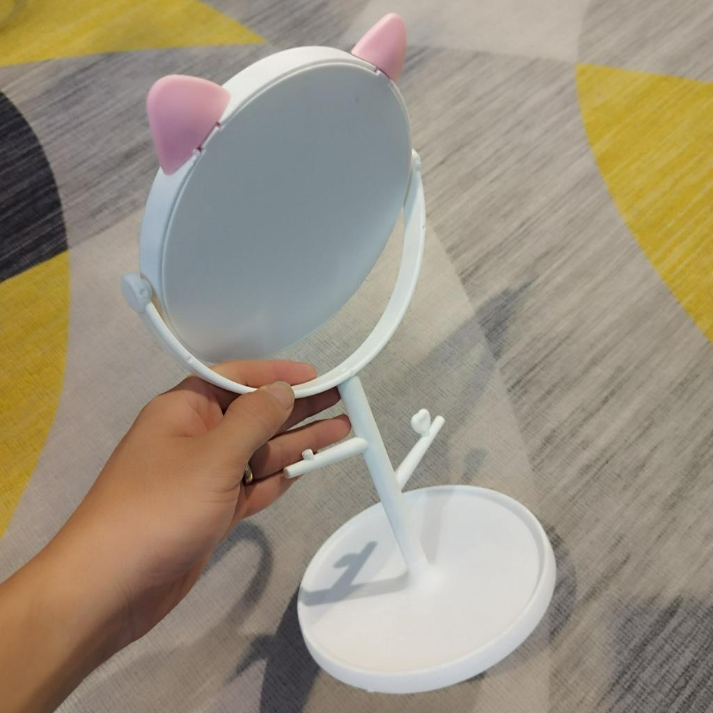Gương để bàn tai mèo, gương xoay 360 độ có giá treo đồ tiện dụng