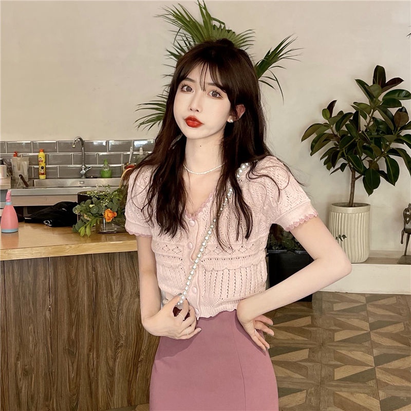 Hàng Có Sẵn Áo Dệt Kim Mỏng Tay Ngắn Màu Xanh Dương Phong Cách Pháp Mới 2022 Áo phông Nữ JL-TX-149 Cho Nữ