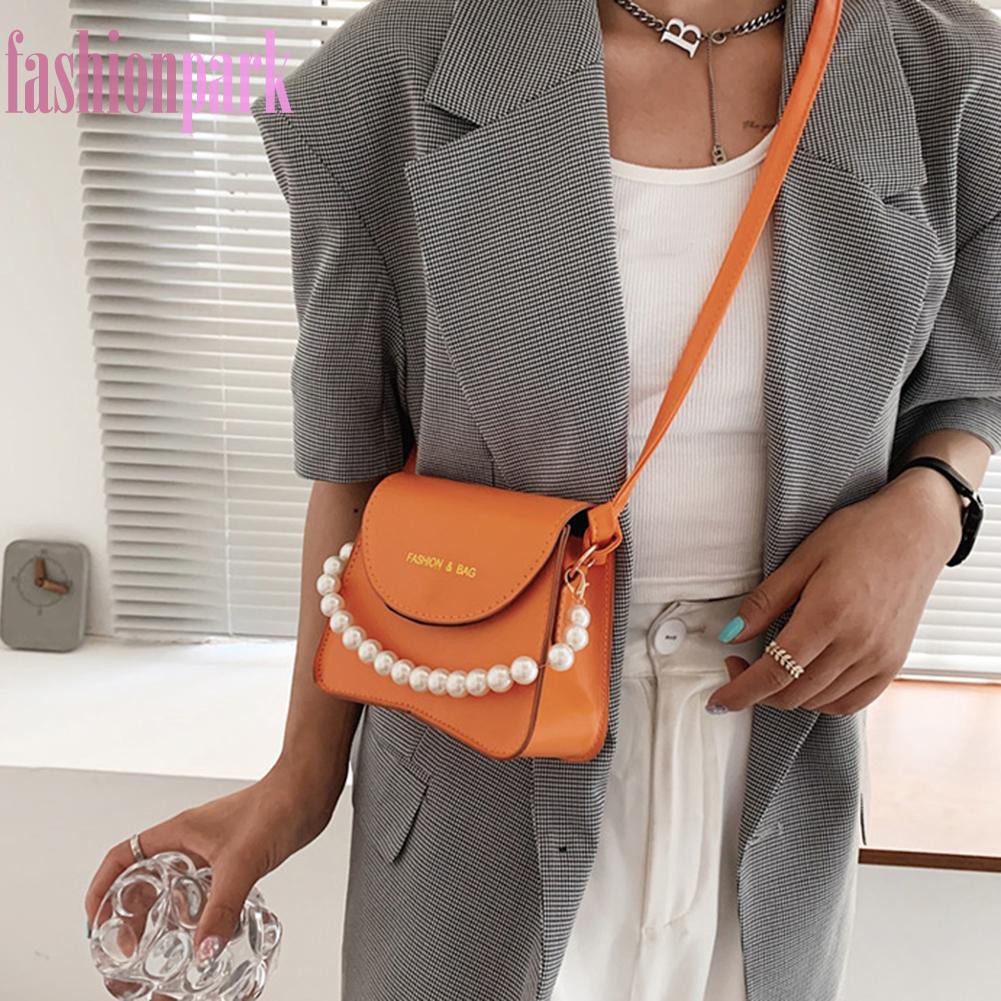 (FAS) Fashion Women PU Crossbody Bag Casual Ladies Pearl Chain Pure Color Handbag