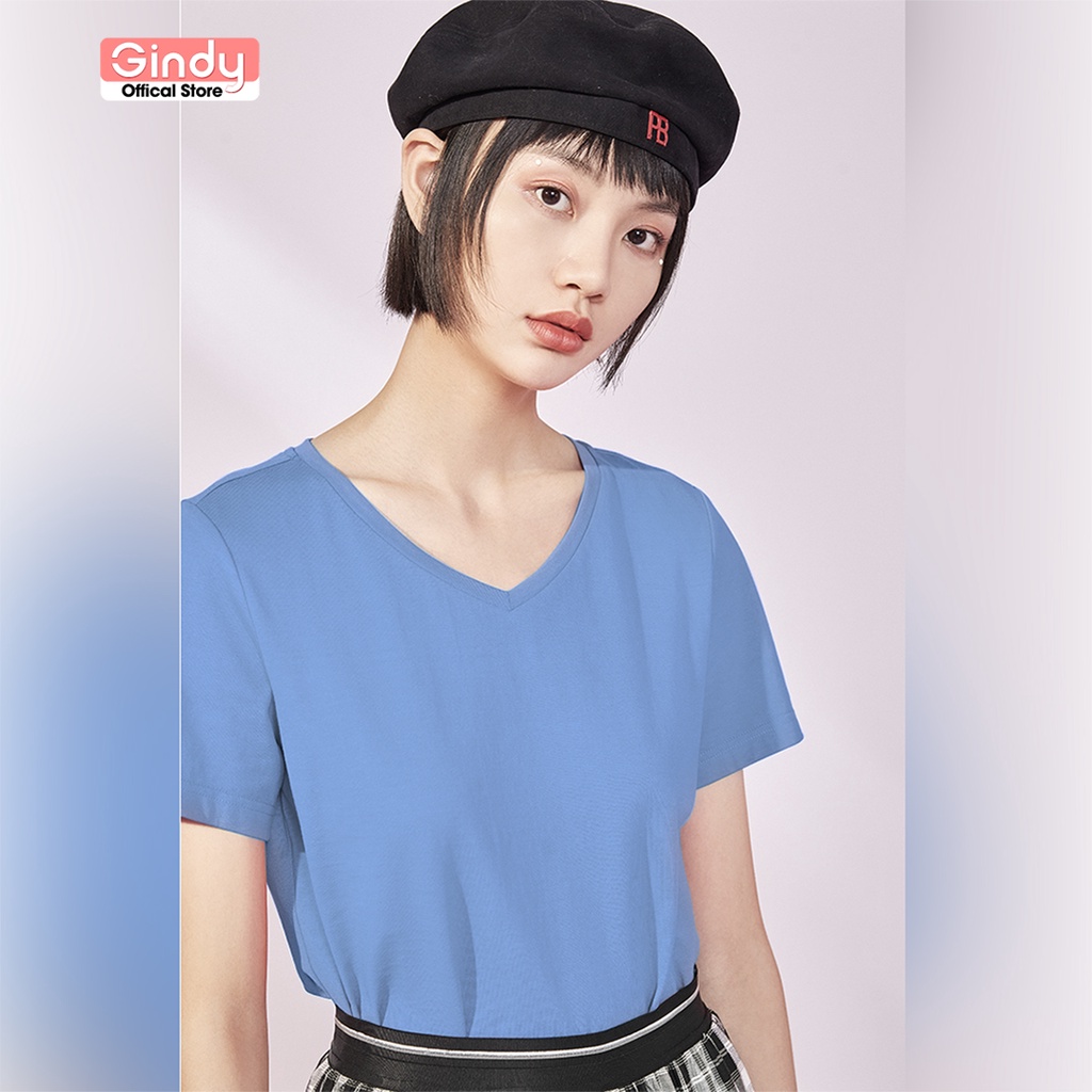 Áo thun phông cổ tim GINDY tay ngắn basic vải 100% cotton, co dãn 4 chiều thoáng mát dễ phối đồ trẻ trung HQ A9104