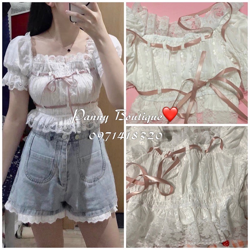 Áo croptop cổ vuông rút dây phối ren lolita xinh xắn, style ulzzang Hàn Quốc 🌻 Panny Boutique 🌻