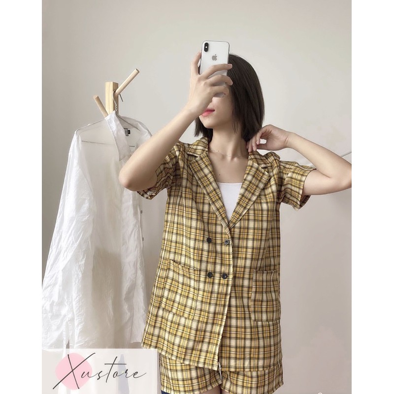 Set vest kẻ cộc tay, phối quần cộc xoè, chất nhẹ nhàng mặc hè thu_set ( áo, quần)