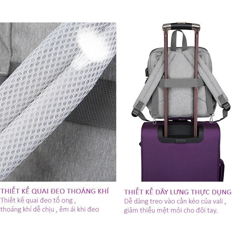 Balo Bỉm Sữa Có Đai Giữ Em Bé Và Cổng USB