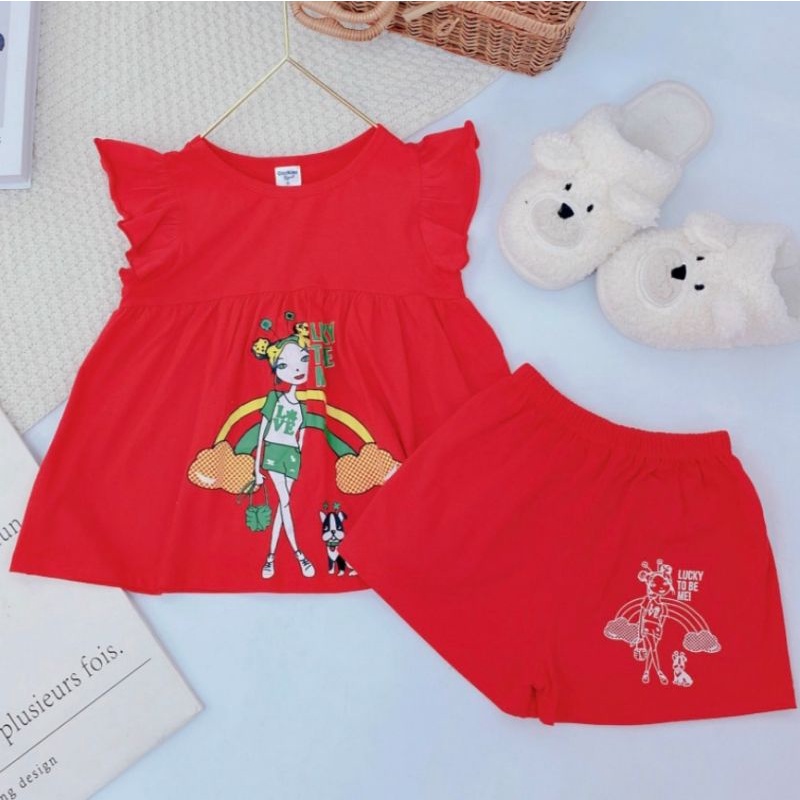 Bộ bé gái cotton size đại cánh tiên quần đùi họa tiết hoạt hình