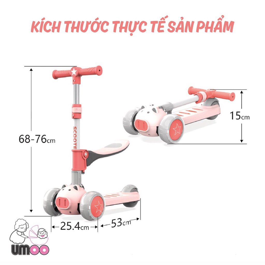 Xe Scooter trượt kết hợp chòi chân Umoo 2in1 ba bánh có đèn phát sáng gấp gọn tiện lợi giúp bé vui chơi vận động