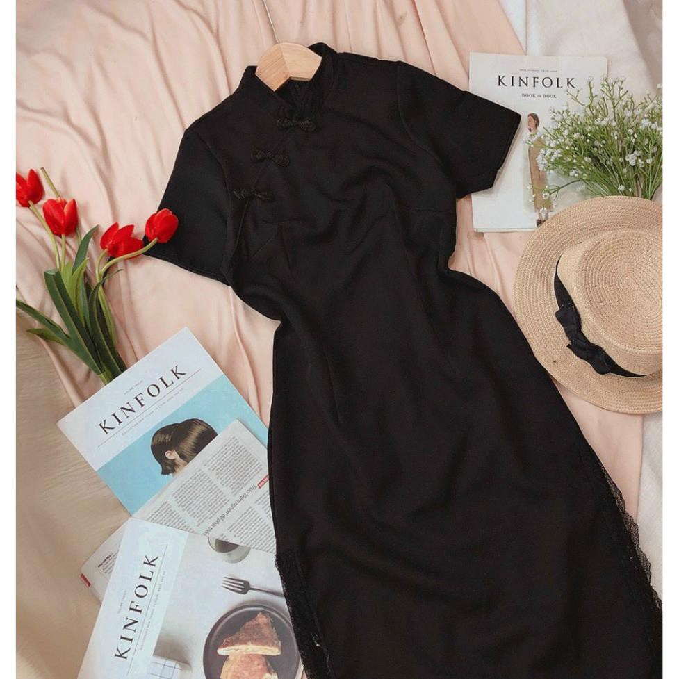 Váy Ôm Body Midi Xẻ Tà, Sườn Xám Cổ Tàu Tay Ngắn Phối Chân Ren Nổi Bật Lạ Mắt Thời Trang Cho Ngày Tết. | BigBuy360 - bigbuy360.vn